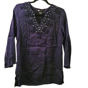 Carole Little Womens Blue Beaded Linen V Neck Tunic Top Blouse Size M Spring